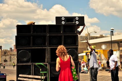 Setting up the sound system at Coney Island Reggae