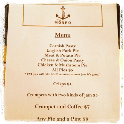 The Monro Pub's menu